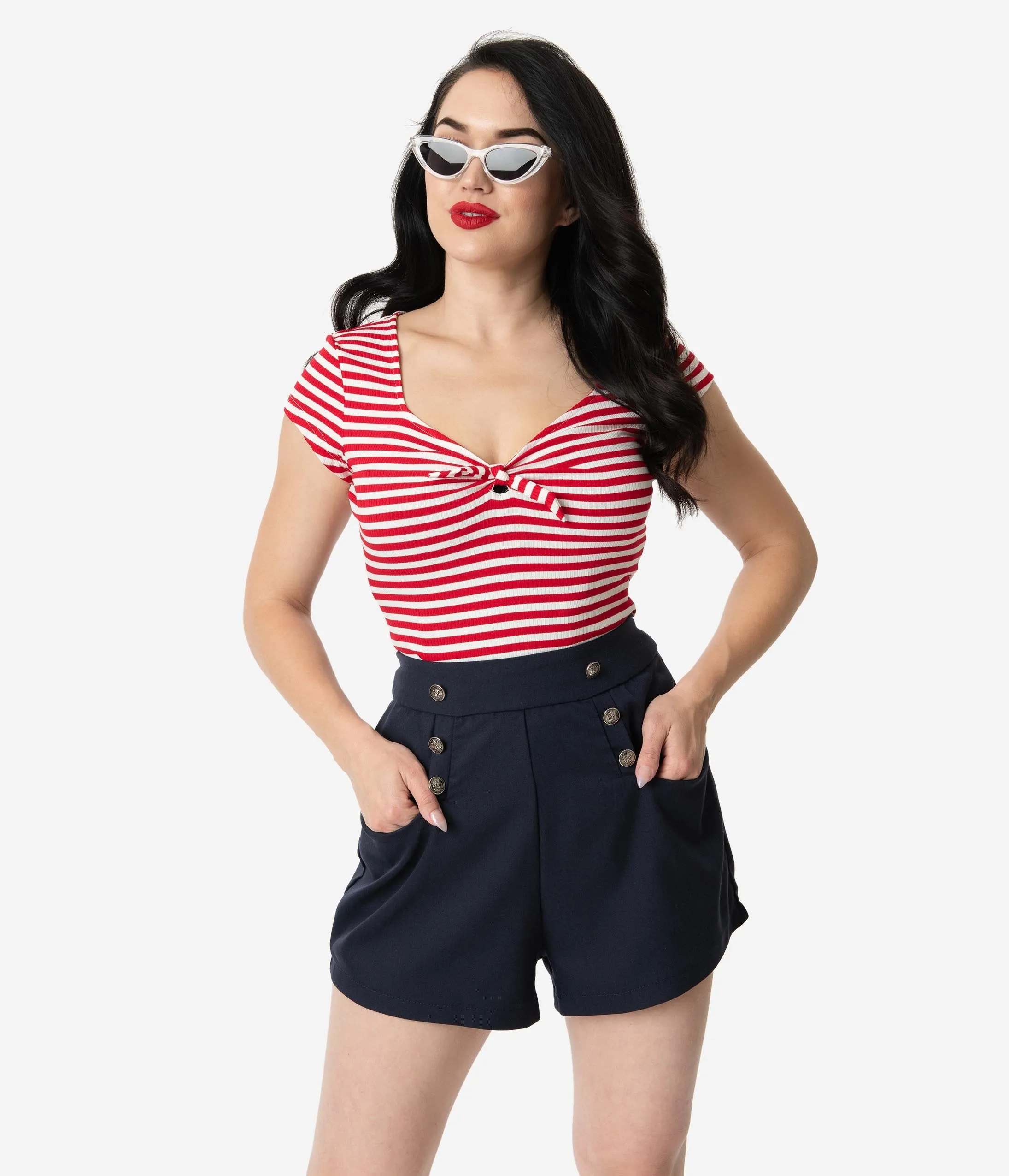 Unique Vintage 1940s Style Navy Blue High Waist Sailor Debbie Shorts