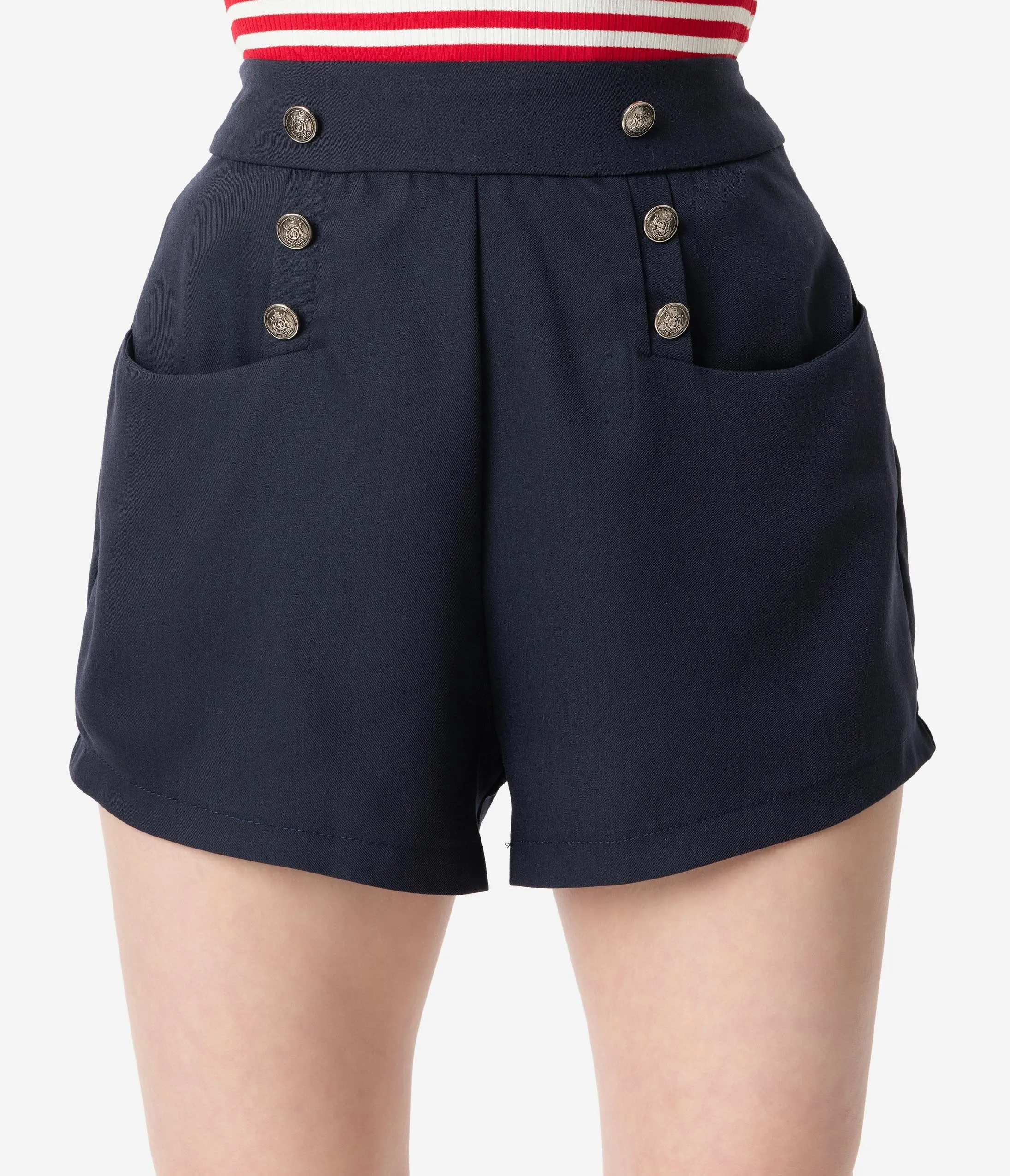 Unique Vintage 1940s Style Navy Blue High Waist Sailor Debbie Shorts