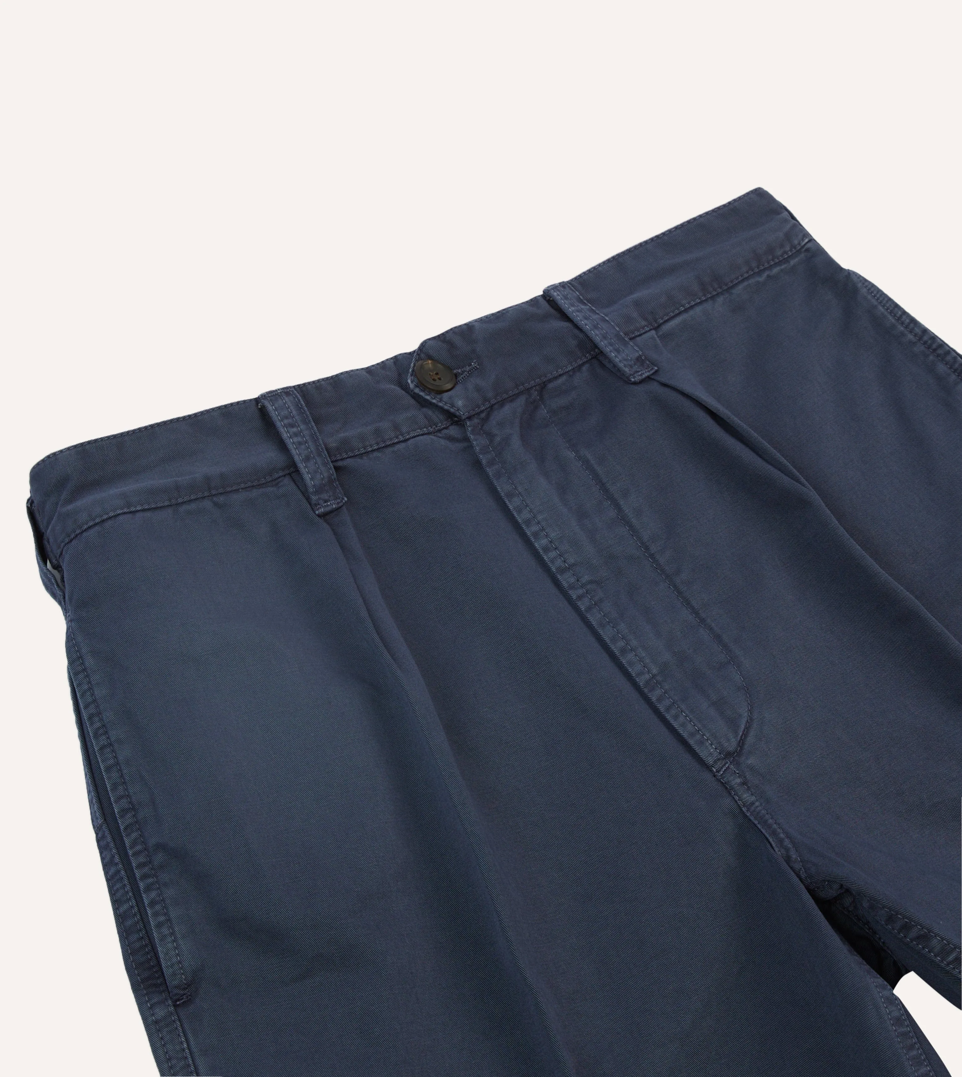 Washed Navy Cotton Twill Single-Pleat Shorts