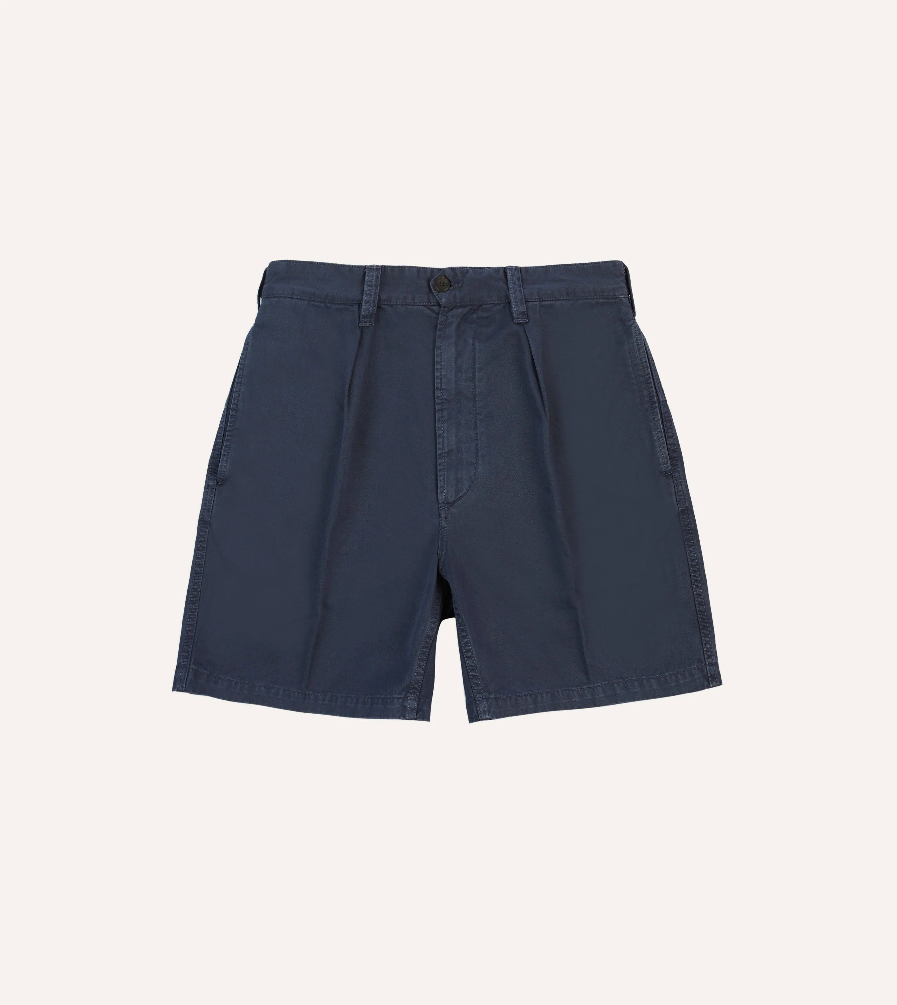 Washed Navy Cotton Twill Single-Pleat Shorts