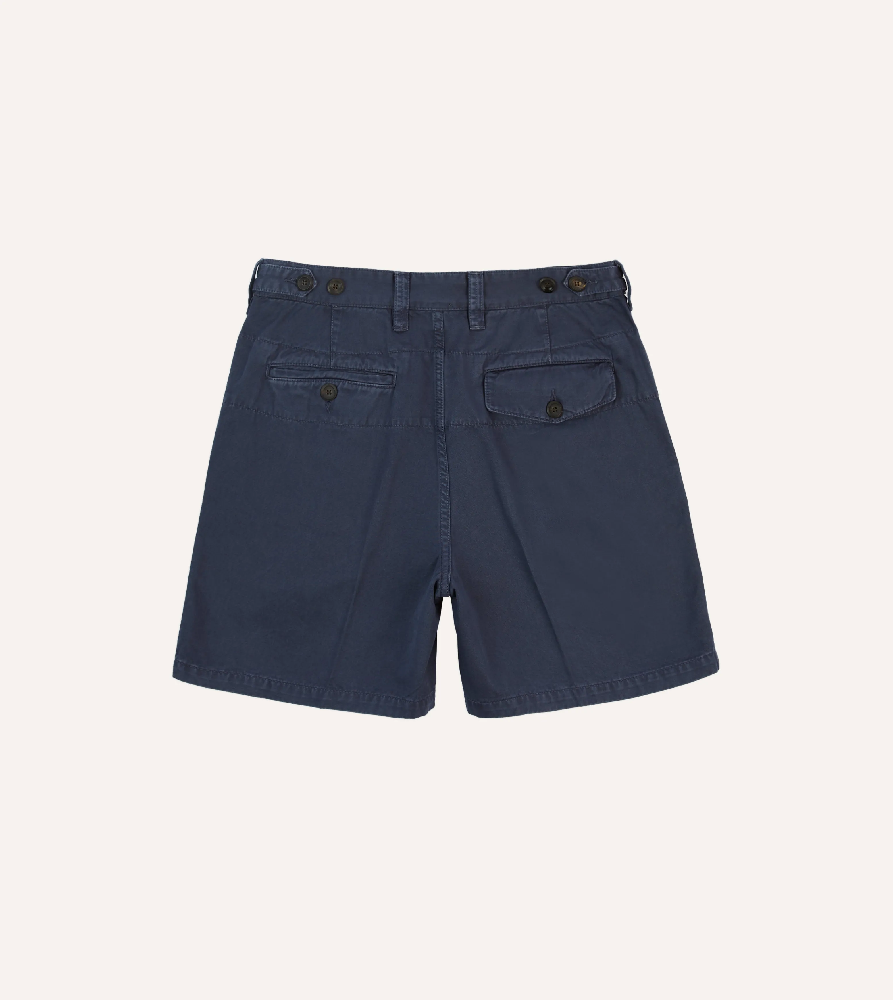 Washed Navy Cotton Twill Single-Pleat Shorts