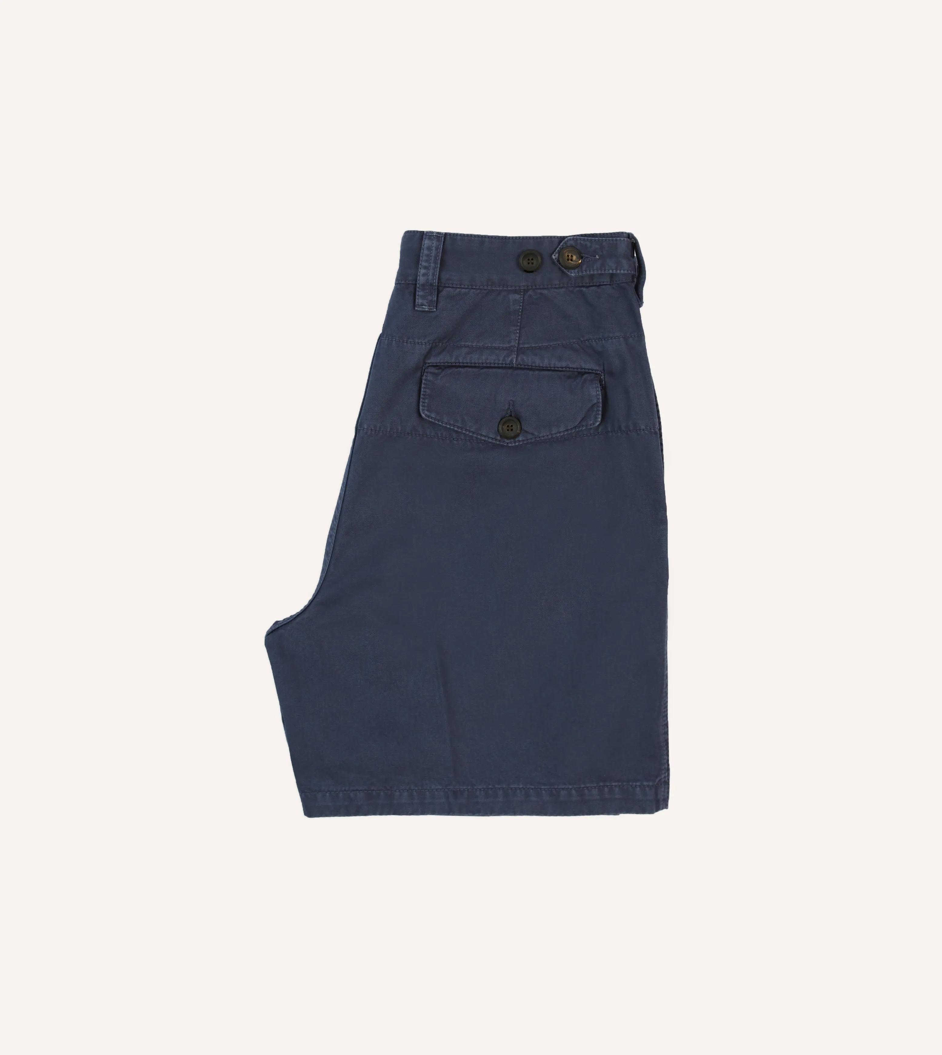 Washed Navy Cotton Twill Single-Pleat Shorts