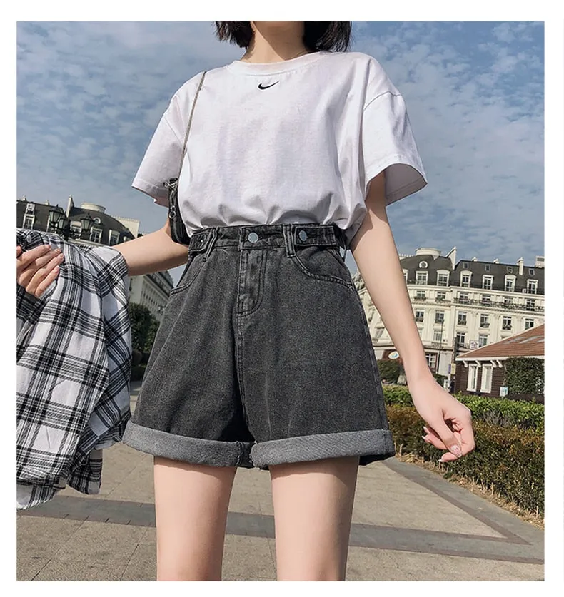 Women High Waist Button Shorts, Jeans Shorts, Casual Female Loose Denim Shorts