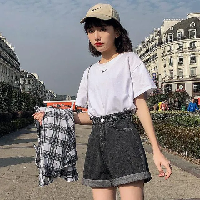 Women High Waist Button Shorts, Jeans Shorts, Casual Female Loose Denim Shorts