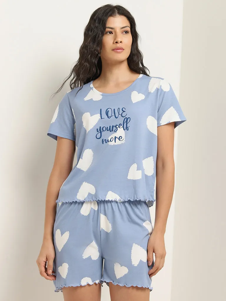 Wunderlove Dusty Blue Hearts Print Cotton Shorts Set In A Bag