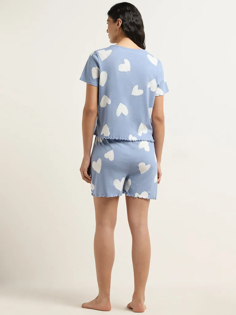 Wunderlove Dusty Blue Hearts Print Cotton Shorts Set In A Bag