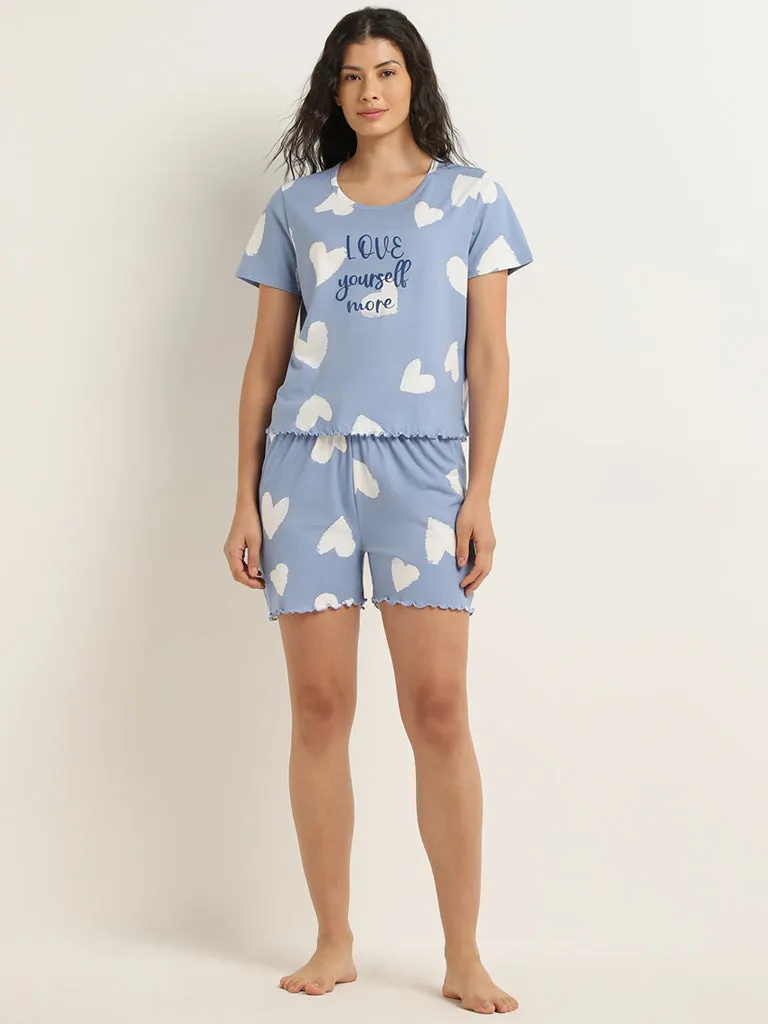 Wunderlove Dusty Blue Hearts Print Cotton Shorts Set In A Bag