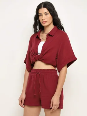 Wunderlove Maroon Crinkle Texture High-Rise Beach Cotton Shorts