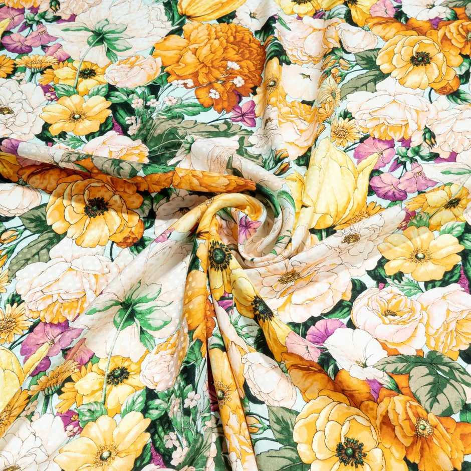 Yellow & Orange Floral Printed Pale Blue Silk Jacquard